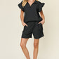 Double Take Full Size Texture Flounce Sleeve Top and Drawstring Shorts Set