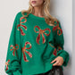 Double Take Christmas Bow Sequin Round Neck Dropped Shoulder Sweatshirt