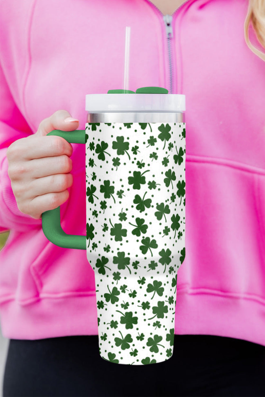 Dark Green Clover Print Thermos Cup with Handle 1200ml