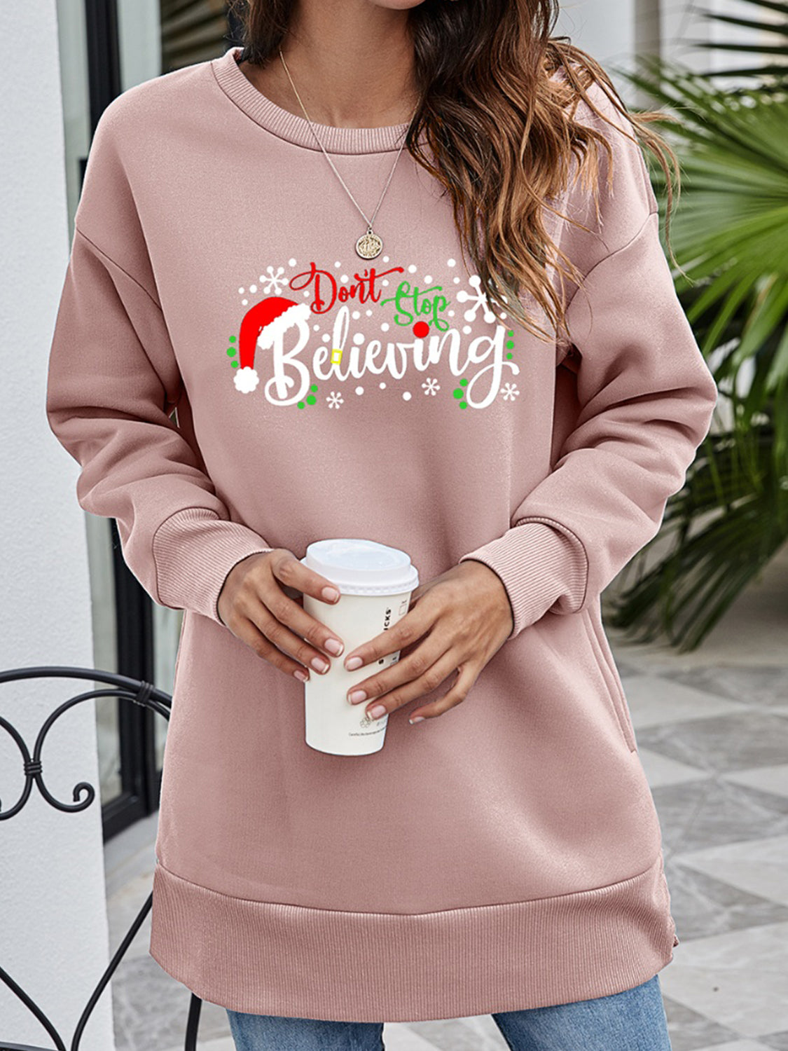 DON'T STOP BELIEVING Graphic Drop Shoulder Sweatshirt