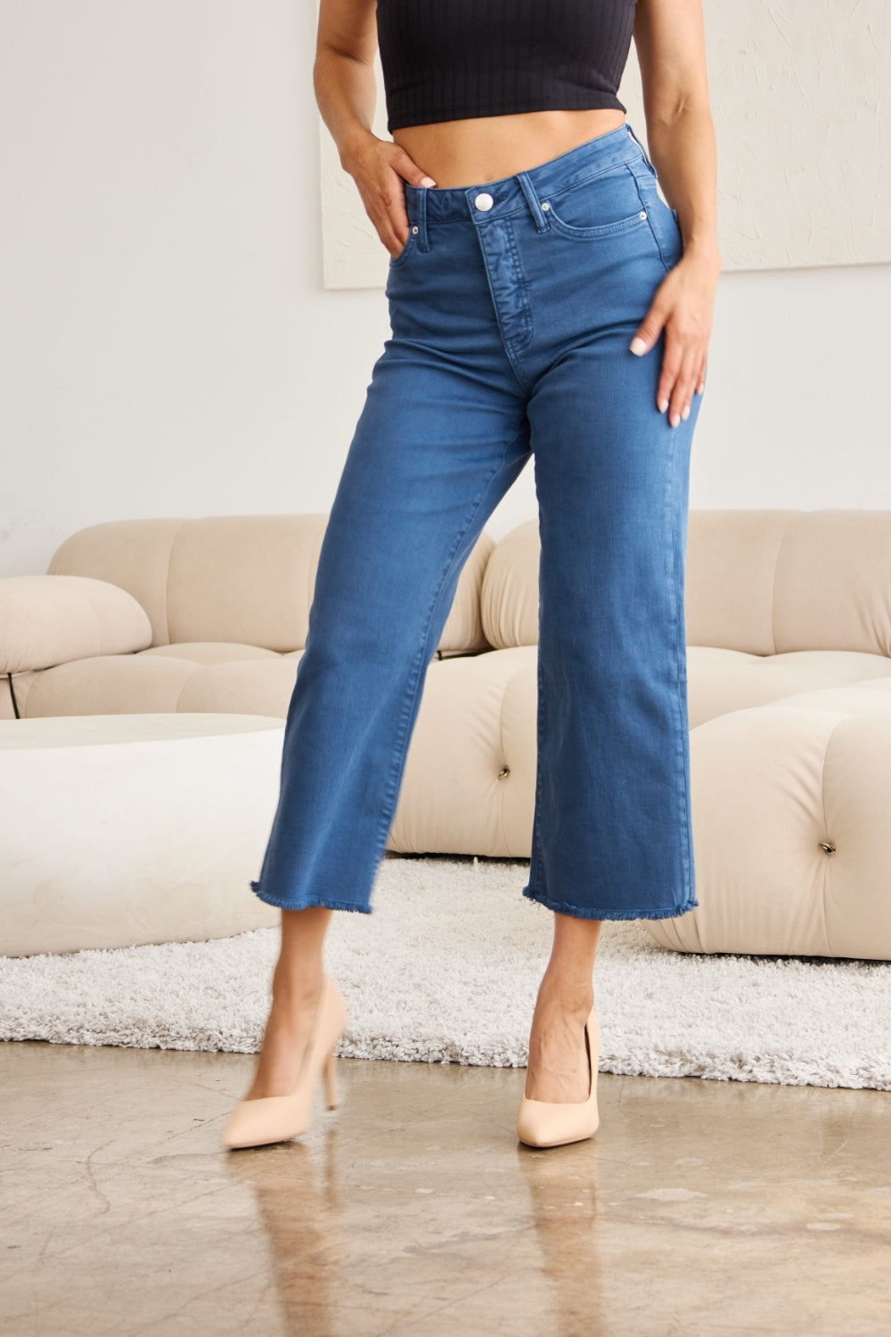 RFM Crop Chloe Full Size Tummy Control High Waist Raw Hem Jeans