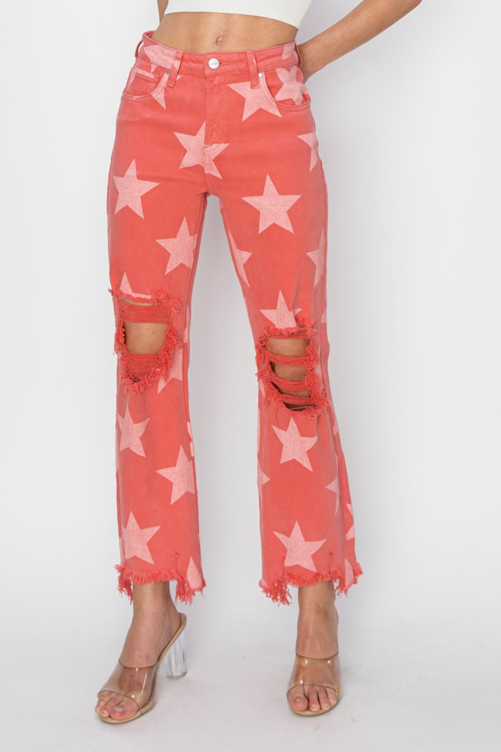 RISEN Full Size Distressed Raw Hem Star Pattern Jeans