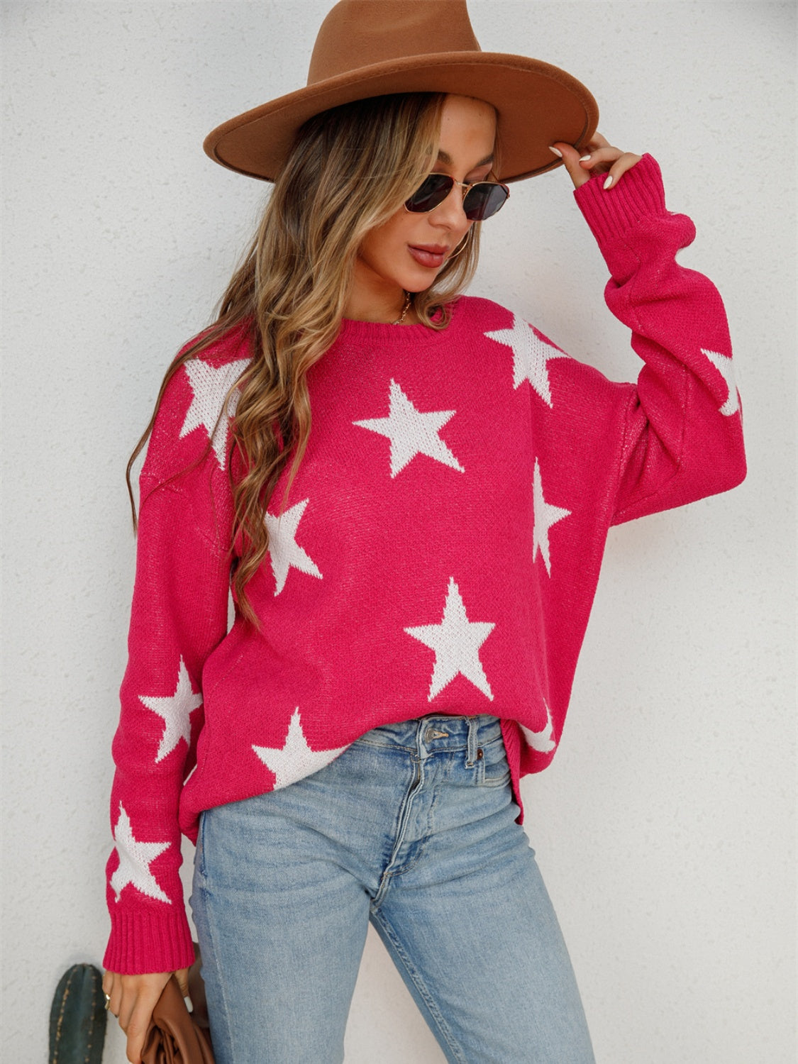 Star Round Neck Dropped Shoulder Sweater